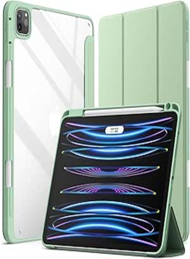 JETech Case for iPad Pro 11 Inch (2022/2021/2020/2018) with Pencil Holder, Clear Transparent Back Shell Slim Stand Shockproof Tablet Cover, Auto Wake/Sleep (Matcha Green)